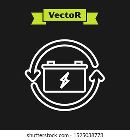 White line Battery with recycle symbol line icon isolated on black background. Battery with recycling symbol - renewable energy concept.  Vector Illustration