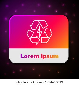 White line Battery with recycle symbol line icon isolated on black background. Battery with recycling symbol - renewable energy concept. Rectangle color button. Vector Illustration