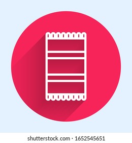 White line Beach towel icon isolated with long shadow. Red circle button. Vector Illustration
