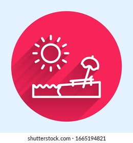 White line Beach with umbrella and chair icon isolated with long shadow. Tropical beach landscape. Good sunny day. Red circle button. Vector Illustration