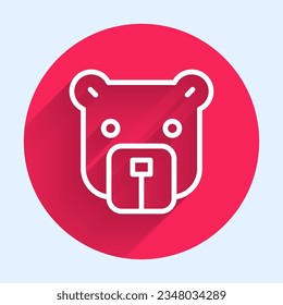 White line Bear head icon isolated with long shadow. Red circle button. Vector