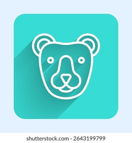 White line Bear head icon isolated with long shadow background. Green square button. Vector