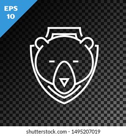 White line Bear head on shield icon isolated on transparent dark background. Hunting trophy on wall.  Vector Illustration