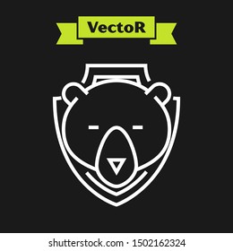 White line Bear head on shield icon isolated on black background. Hunting trophy on wall.  Vector Illustration