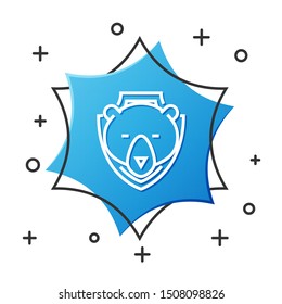 White line Bear head on shield icon isolated on white background. Hunting trophy on wall. Blue hexagon button. Vector Illustration