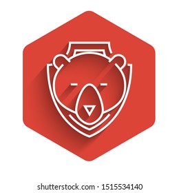 White line Bear head on shield icon isolated with long shadow. Hunting trophy on wall. Red hexagon button. Vector Illustration