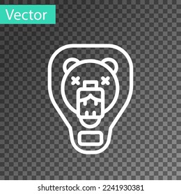 Icono de la línea blanca Oso sobre el escudo aislado sobre el fondo transparente. Trofeo de caza en la pared.  Vector