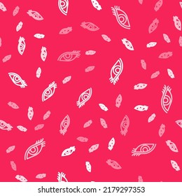 White line Beautiful woman eye icon isolated seamless pattern on red background.  Vector