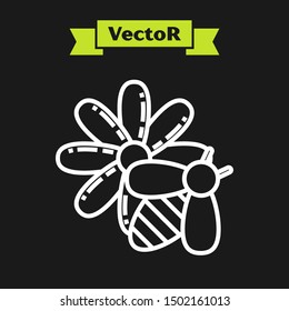 White line Bee and flower icon isolated on black background. Sweet natural food. Honeybee or apis with wings symbol. Flying insect.  Vector Illustration