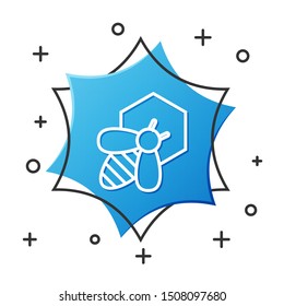 White line Bee and honeycomb icon isolated on white background. Honey cells. Honeybee or apis with wings symbol. Flying insect. Sweet natural food. Blue hexagon button. Vector Illustration