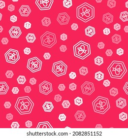 White line Bee and honeycomb icon isolated seamless pattern on red background. Honey cells. Honeybee or apis with wings symbol. Flying insect. Sweet natural food.  Vector