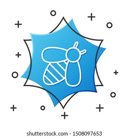 White line Bee icon isolated on white background. Sweet natural food. Honeybee or apis with wings symbol. Flying insect. Blue hexagon button. Vector Illustration