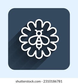 White line Bee on flower icon isolated with long shadow background. Sweet natural food. Honeybee or apis with wings symbol. Flying insect. Blue square button. Vector