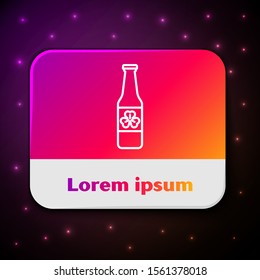White line Beer bottle with four leaf clover icon isolated on black background. Happy Saint Patricks day. Rectangle color button. Vector Illustration