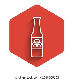 White line Beer bottle with four leaf clover icon isolated with long shadow. Happy Saint Patricks day. Red hexagon button. Vector Illustration