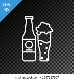 White line Beer bottle and glass icon isolated on transparent dark background. Alcohol Drink symbol.  Vector Illustration