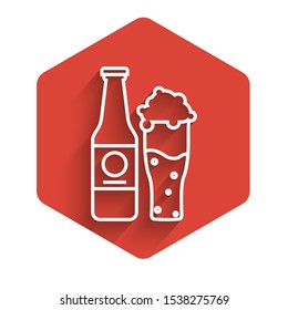 White line Beer bottle and glass icon isolated with long shadow. Alcohol Drink symbol. Red hexagon button. Vector Illustration
