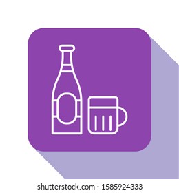 White line Beer bottle and glass icon isolated on white background. Alcohol Drink symbol. Purple square button. Vector Illustration