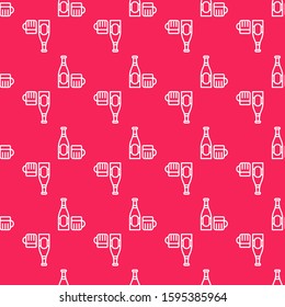 White line Beer bottle and glass icon isolated seamless pattern on red background. Alcohol Drink symbol.  Vector Illustration