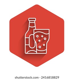 White line Beer bottle and glass icon isolated with long shadow. Alcohol Drink symbol. Red hexagon button. Vector