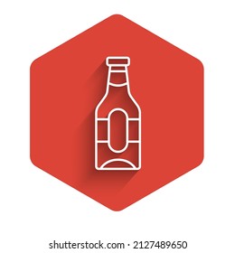 White line Beer bottle icon isolated with long shadow. Red hexagon button. Vector