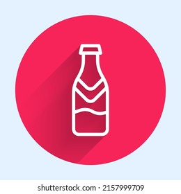White line Beer bottle icon isolated with long shadow background. Red circle button. Vector