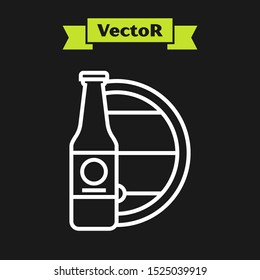 White line Beer bottle and wooden barrel icon isolated on black background.  Vector Illustration