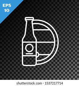 White line Beer bottle and wooden barrel icon isolated on transparent dark background.  Vector Illustration