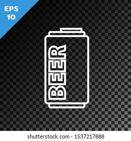 White line Beer can icon isolated on transparent dark background.  Vector Illustration