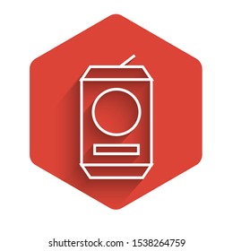 White line Beer can icon isolated with long shadow. Red hexagon button. Vector Illustration