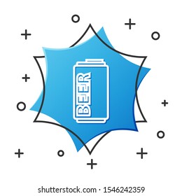 White line Beer can icon isolated on white background. Blue hexagon button. Vector Illustration