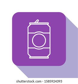 White line Beer can icon isolated on white background. Purple square button. Vector Illustration