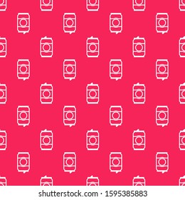 White line Beer can icon isolated seamless pattern on red background.  Vector Illustration
