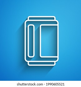 White line Beer can icon isolated on blue background. Long shadow. Vector