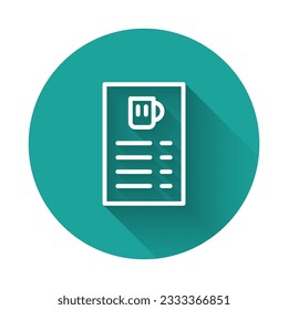 White line Beer menu icon isolated with long shadow background. Beer restaurant brochure. Green circle button. Vector