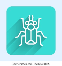 White line Beetle bug icon isolated with long shadow. Green square button. Vector