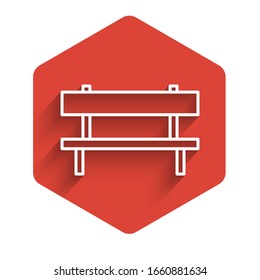 White line Bench icon isolated with long shadow. Red hexagon button. Vector Illustration