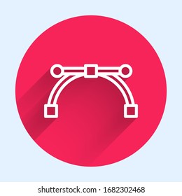 White line Bezier curve icon isolated with long shadow. Pen tool icon. Red circle button. Vector Illustration