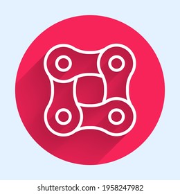 White line Bicycle chain icon isolated with long shadow. Bike chain sprocket transmission. Red circle button. Vector