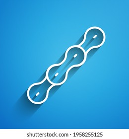 White line Bicycle chain icon isolated on blue background. Bike chain sprocket transmission. Long shadow. Vector