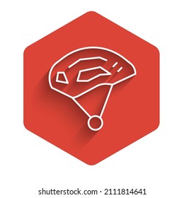 White line Bicycle helmet icon isolated with long shadow. Extreme sport. Sport equipment. Red hexagon button. Vector