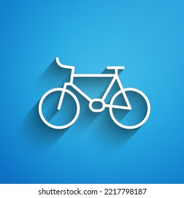White line Bicycle icon isolated on blue background. Bike race. Extreme sport. Sport equipment. Long shadow. Vector