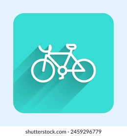 White line Bicycle icon isolated with long shadow. Bike race. Extreme sport. Sport equipment. Green square button. Vector