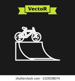 White line Bicycle on street ramp icon isolated on black background. Skate park. Extreme sport. Sport equipment.  Vector Illustration