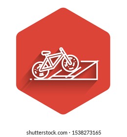 White line Bicycle on street ramp icon isolated with long shadow. Skate park. Extreme sport. Sport equipment. Red hexagon button. Vector Illustration