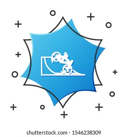 White line Bicycle on street ramp icon isolated on white background. Skate park. Extreme sport. Sport equipment. Blue hexagon button. Vector Illustration