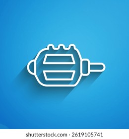 White line Bicycle pedal icon isolated on blue background. Long shadow. Vector