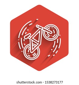 White line Bicycle trick icon isolated with long shadow. Bike race. Extreme sport. Sport equipment. Red hexagon button. Vector Illustration