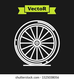 White line Bicycle wheel icon isolated on black background. Bike race. Extreme sport. Sport equipment.  Vector Illustration