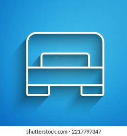 White line Big bed for two or one person icon isolated on blue background. Long shadow. Vector